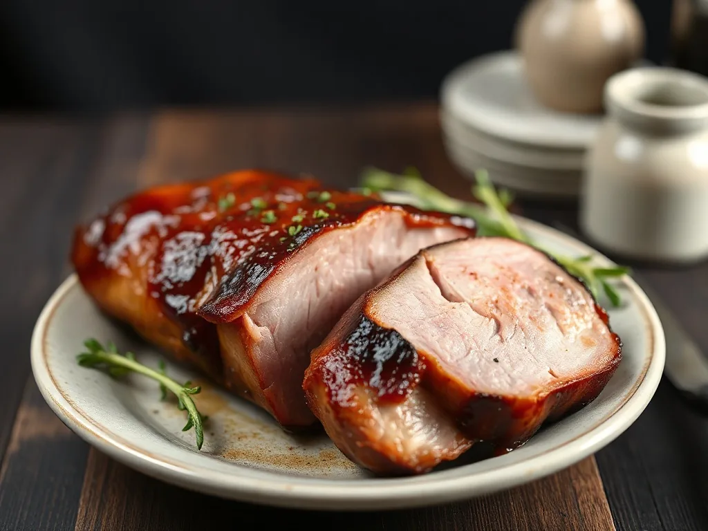 Un rôti de porc confit et doré, nappé de jus, présenté dans une cocotte avec des pommes de terre et des herbes.