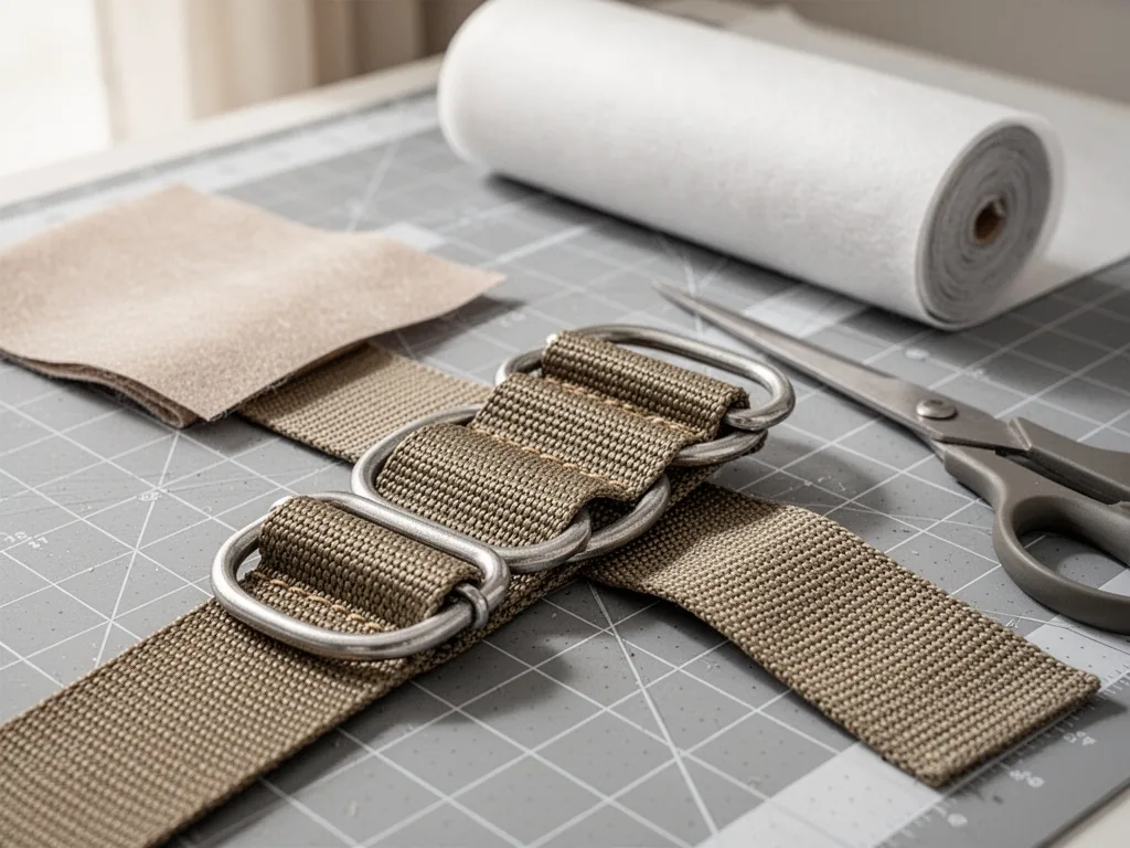 A close-up of heavy-duty nylon webbing and metal D-rings resting on a cutting mat, with a roll of fusible interfacing an