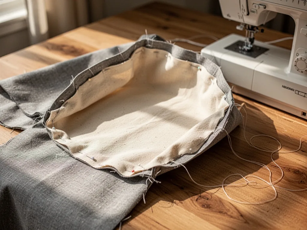 A half-finished cotton bag lining pinned inside an outer fabric shell, with sewing machine thread trailing across the wo