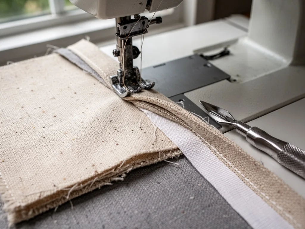 Thick canvas layers being sewn together under a sewing machine presser foot, with folded edges and a seam ripper nearby,