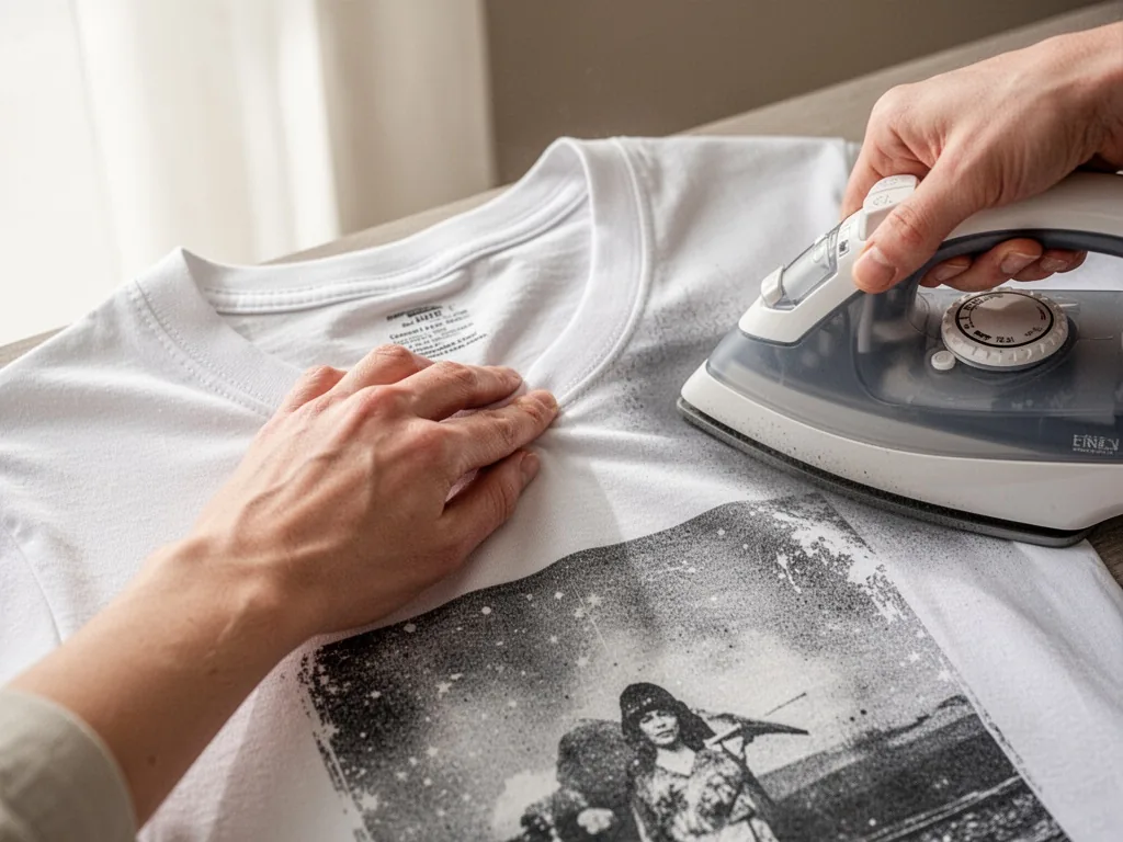 A hand carefully pressing the collar of a white cotton t-shirt with a faded graphic print, using a steam iron, soft dayl