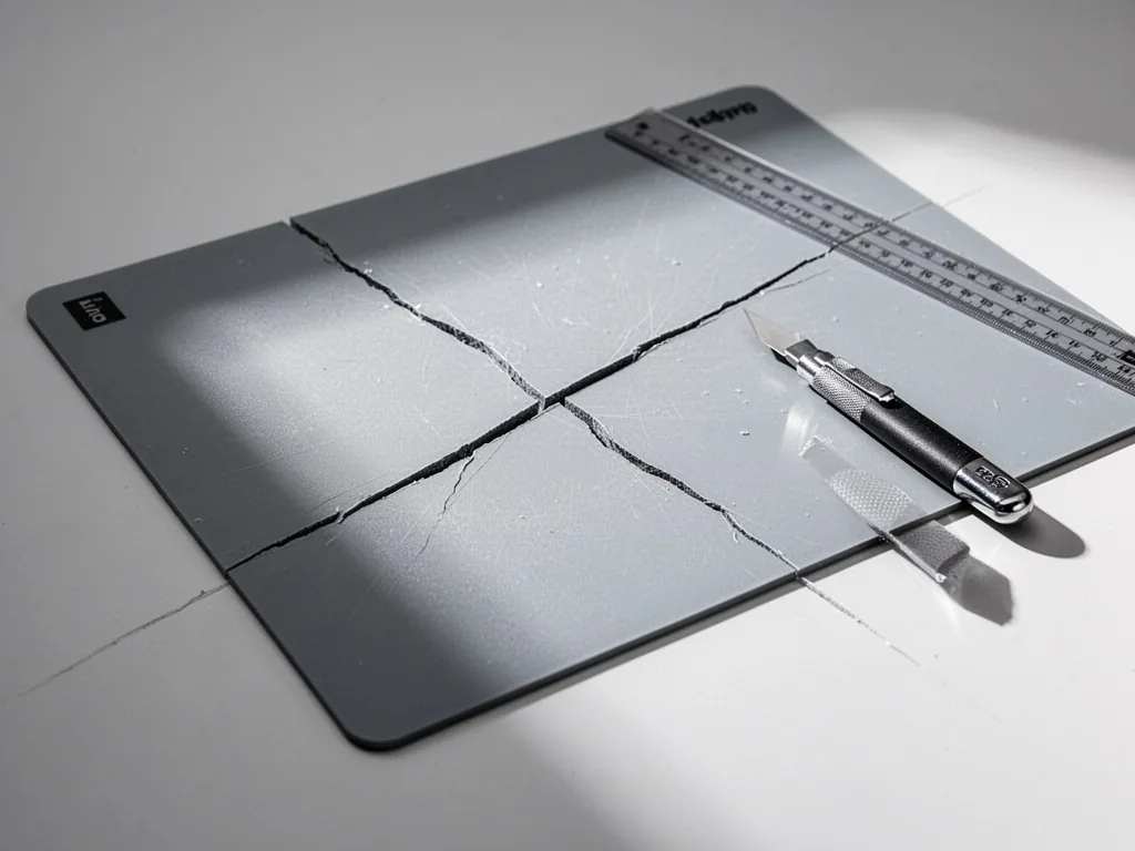 A self-healing cutting mat with a single deep cut line across the surface, a craft knife resting beside it, soft shadow 