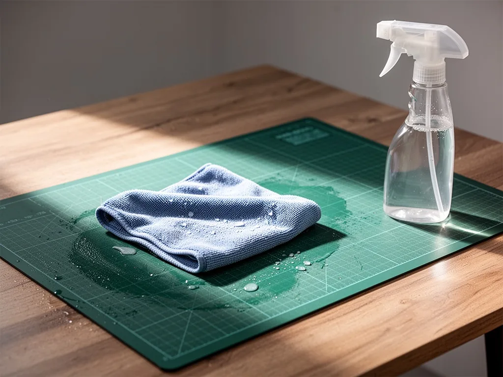 A damp microfiber cloth wiping a green cutting mat on a wooden table, a spray bottle nearby, bright angled light highlig