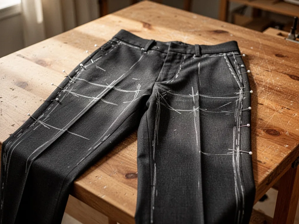 A pair of dark trousers laid flat on a wooden cutting table, multiple white chalk marks and silver pins indicating side 