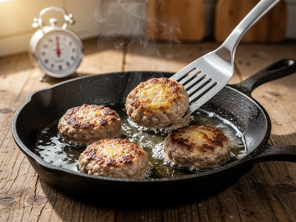 A cast-iron skillet with three crépinettes sizzling in oil, a stainless-steel spatula lifting one to show golden-brown c