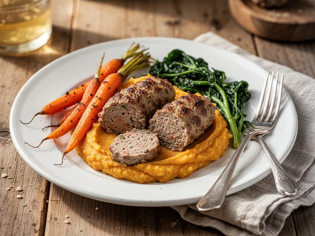 A white ceramic plate with two sliced crépinettes arranged over root vegetable purée, roasted carrots and greens beside,