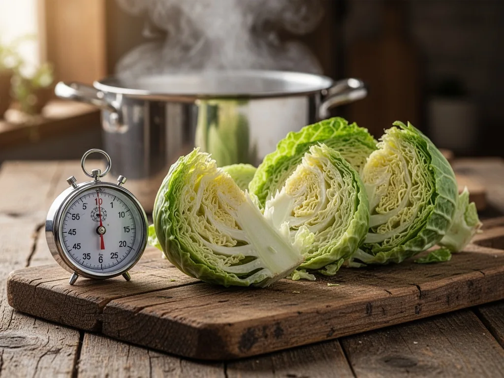 Green cabbage wedges arranged on a rustic wooden cutting board beside a round kitchen timer, a steaming pot in the blurr
