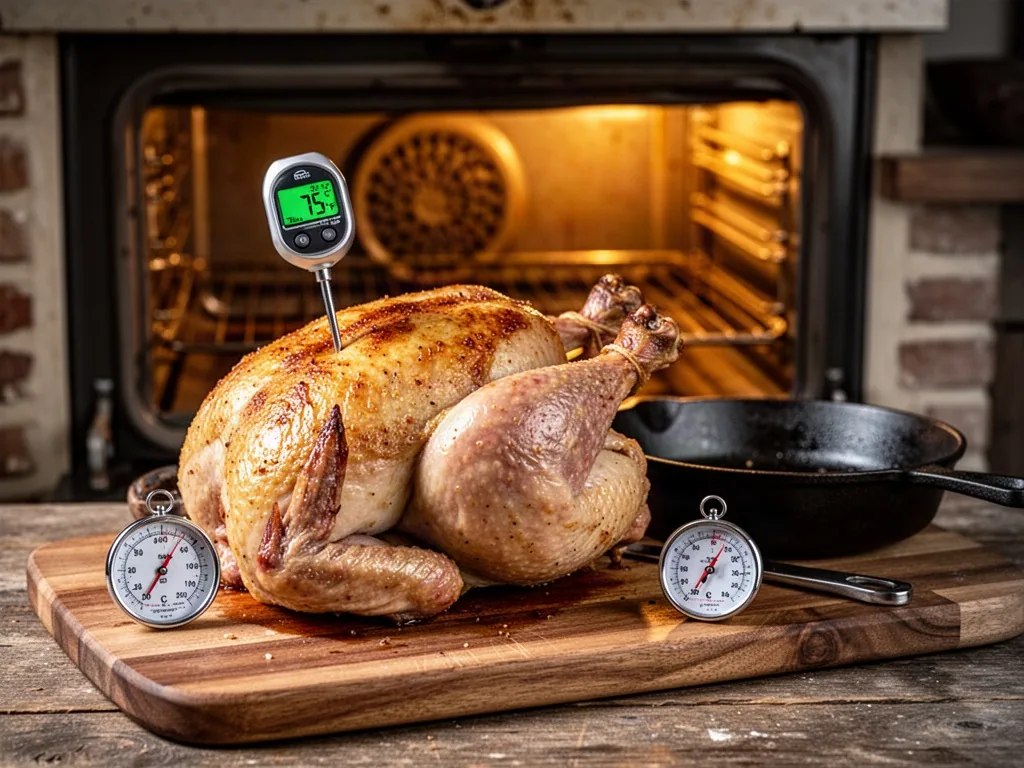 A roasted capon on a wooden cutting board with a digital meat thermometer piercing its thick thigh, displaying 75°C, a s