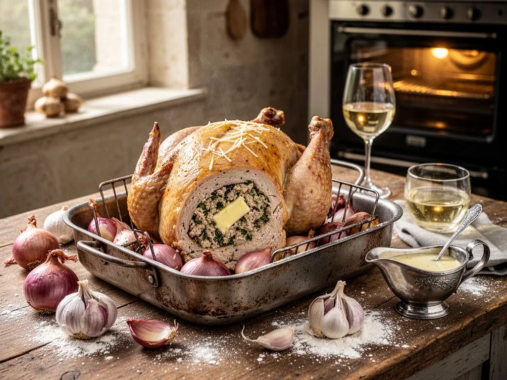 A stuffed trussed capon in a roasting pan, cut side showing bread and herb filling, brushed with butter, surrounded by s