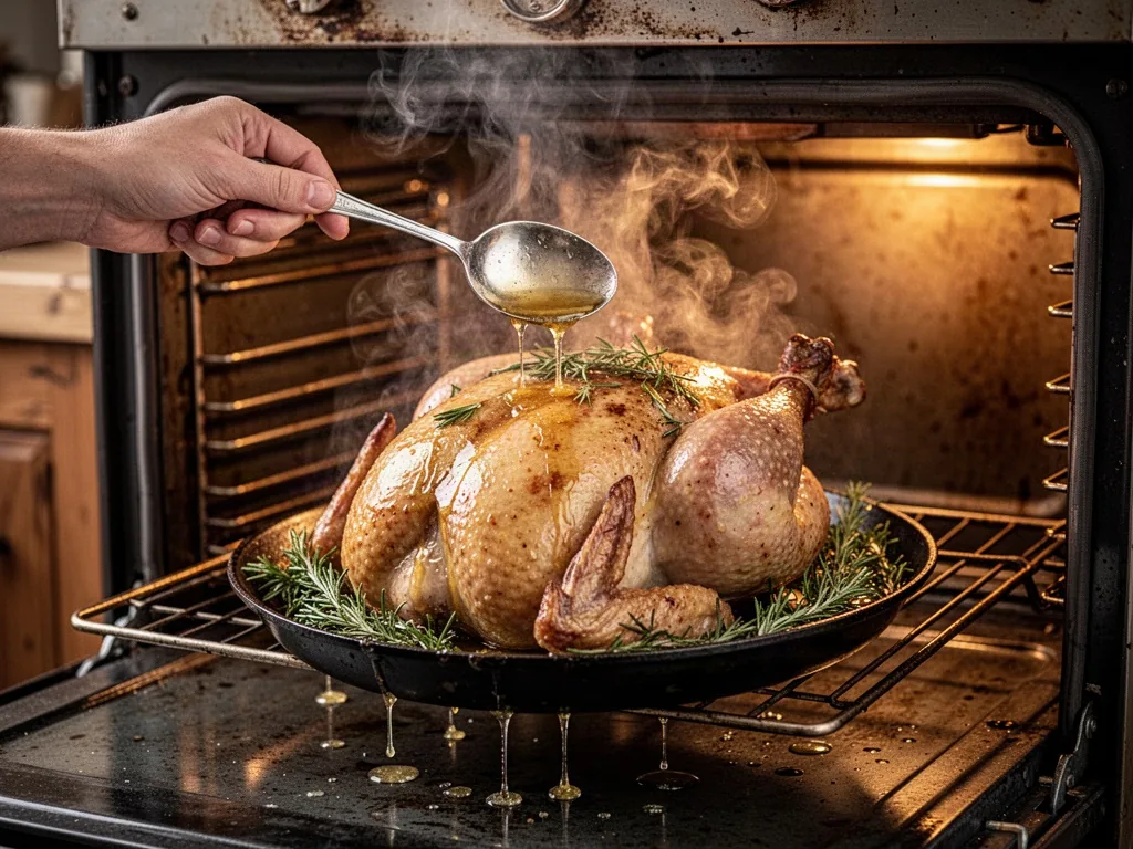 A hand holding a metal spoon pouring pan juices over a golden roast capon in an open oven, steam rising, herb sprigs and