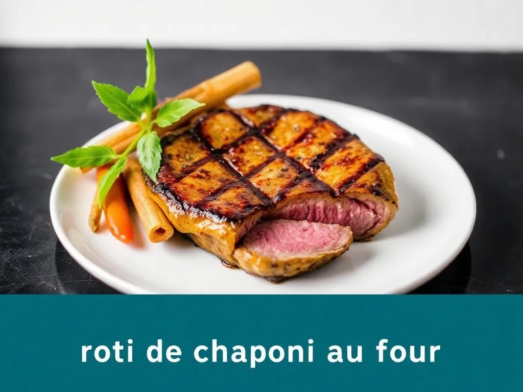 Rôti de chapon farci tranché, nappé de son jus, posé sur un plat de service près de légumes rôtis