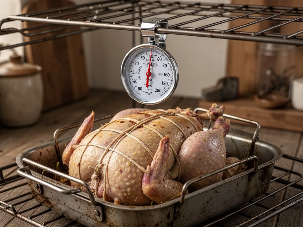 A metal oven thermometer clipped to a rack, its dial pointing to 180 degrees Celsius, hovering above a trussed stuffed g