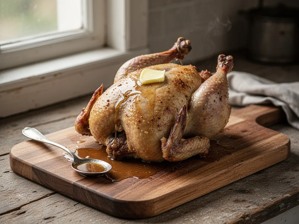 The roasted guinea fowl resting on a wooden cutting board, its skin golden brown and glistening with butter, a spoonful