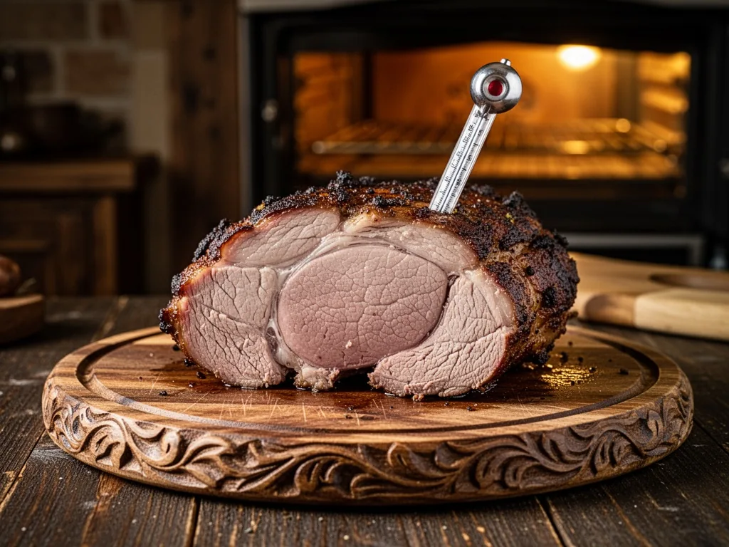 A thick slice of roasted wild boar meat cut open to show pale pink center, resting on a carved wooden board, meat thermo