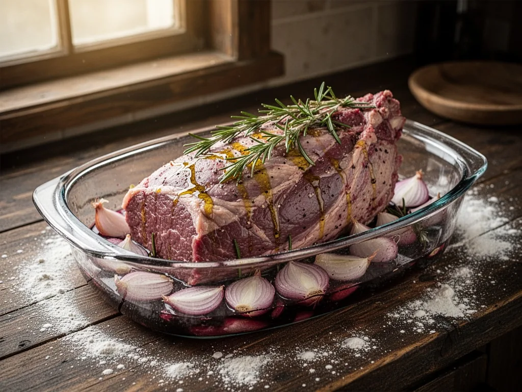 A raw wild boar roast nestled in a glass dish with sliced shallots, rosemary sprigs, olive oil drizzle, red wine marinad
