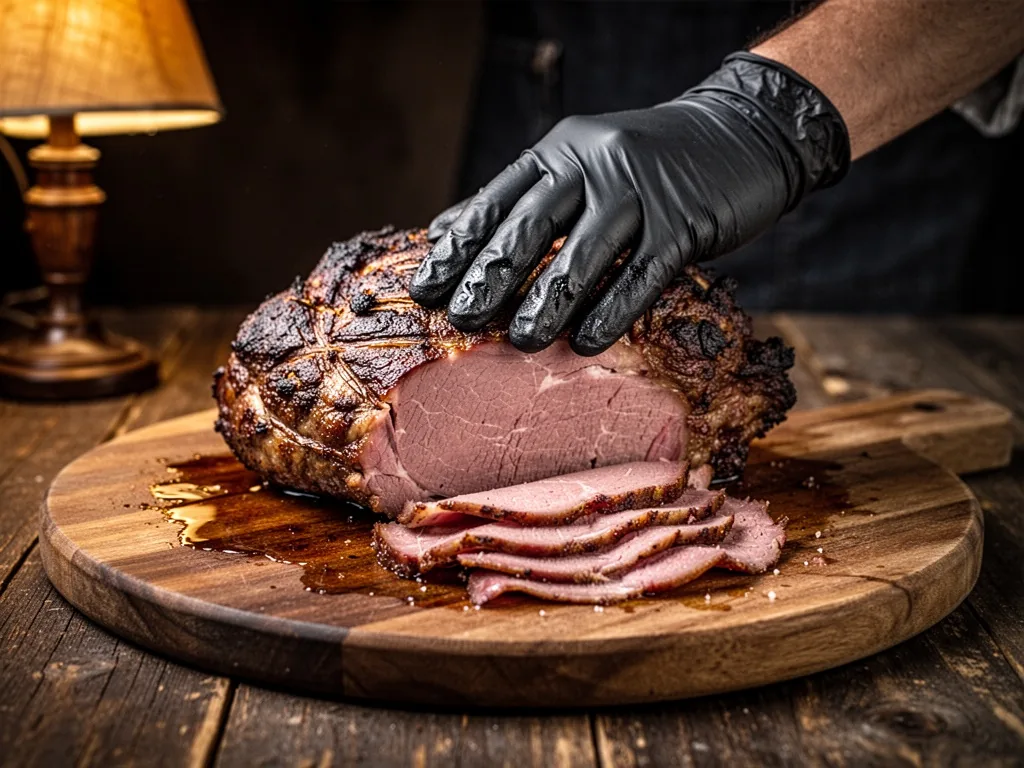 A gloved hand pressing a carved wild boar roast on a wooden board, thin slices fanned out, juices pooling, dark backgrou