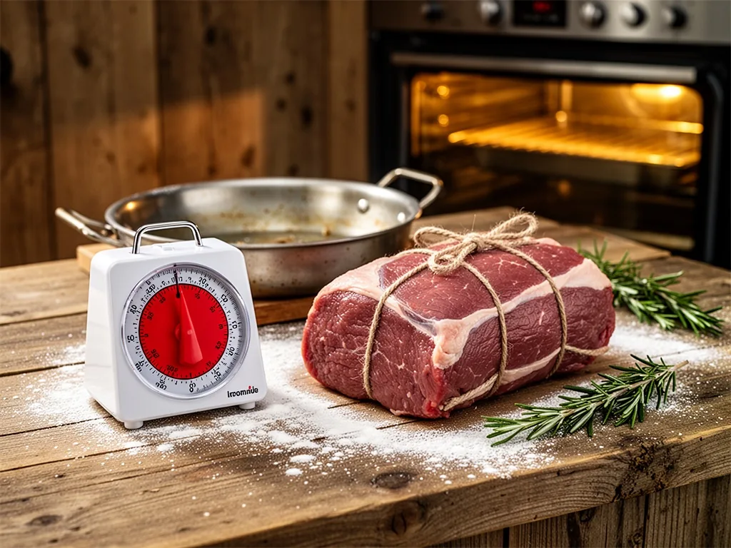 A kitchen timer with a red dial next to a raw veal roast tied with string on a floured wooden counter, a small roasting 