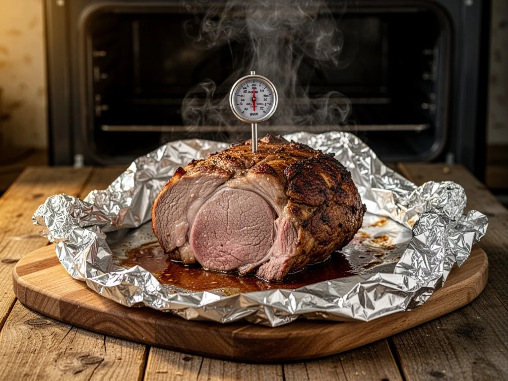 A roasted veal roast resting on a wooden cutting board under loose aluminum foil, meat thermometer in the center, juices