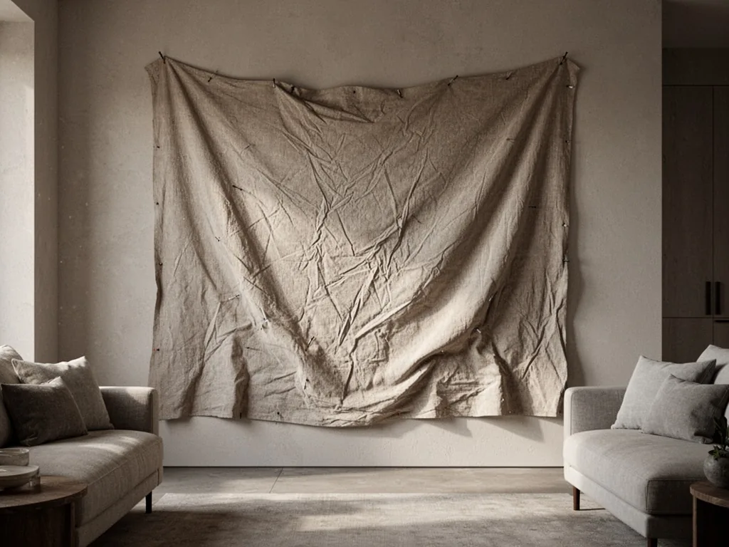 A crumpled fabric wall panel with deep wrinkles and sagging folds, hung unevenly with visible pins, in a modern living r