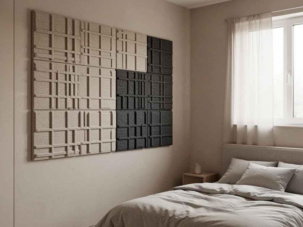 Acoustic fabric panels on a bedroom wall, textured geometric grid pattern in warm beige and charcoal, soft diffused ligh