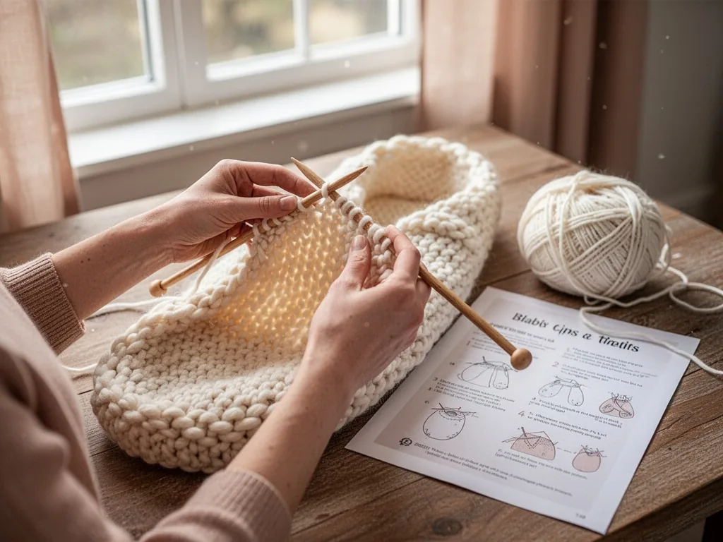 A pair of hands knitting a soft baby cocoon with chunky cream yarn and wooden needles, natural daylight streaming throug