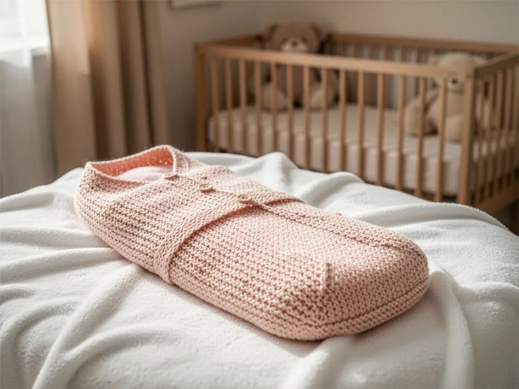 A finished hand-knitted baby cocoon in pale blush pink resting on a soft white blanket, gentle overhead light, a blurred