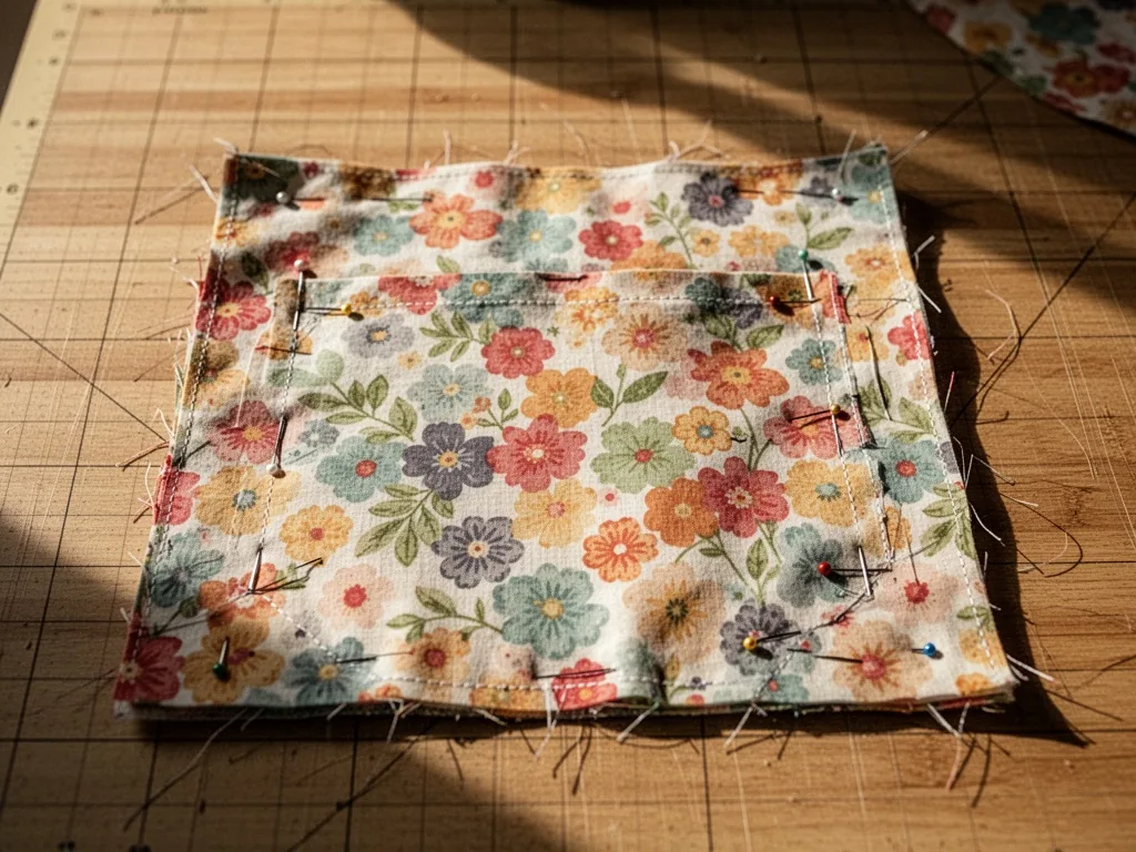 A half-finished diaper bag pocket of colorful floral fabric with visible seam allowances and pin markings, laid flat on