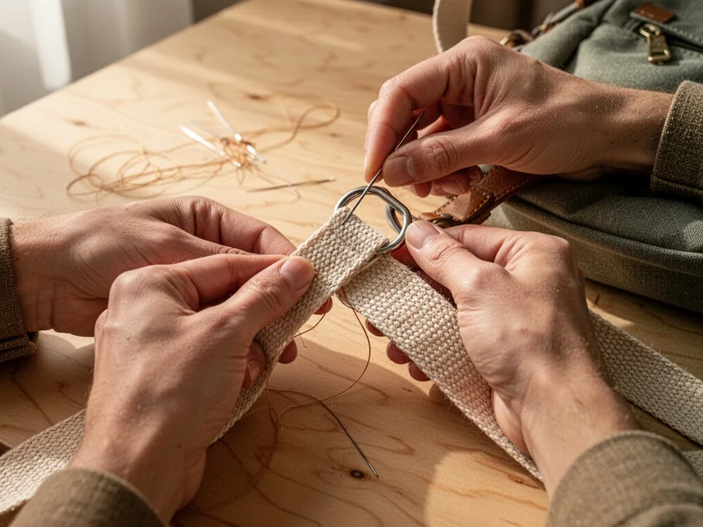 Hands attaching a woven cotton strap to a metal D-ring on a diaper bag, needle and thread visible, soft morning light on
