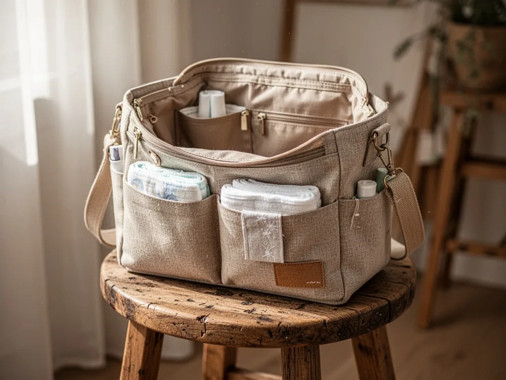 A completed handmade diaper bag resting on a rustic wooden stool, interior pockets visible from the open top, soft diffu